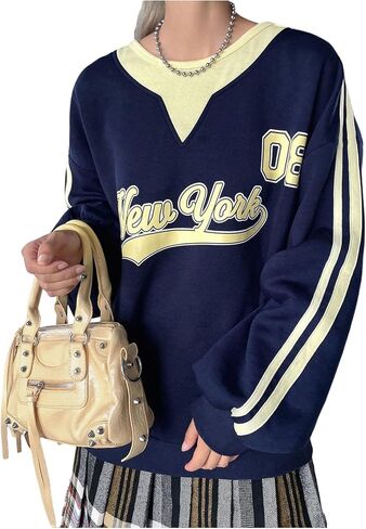 Women's Y2k Oversized Jersey Graphic Letter Print Sweatshirts Striped Long Sleeve Crewneck Pullovers Preppy Tops in Saudi Arabia