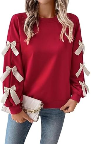 Heloto Women's Y2K Ribbon Bow Sweatshirt - 2025 Crew Neck Red Christmas & New Year Bowknot Pullover Top in Saudi Arabia