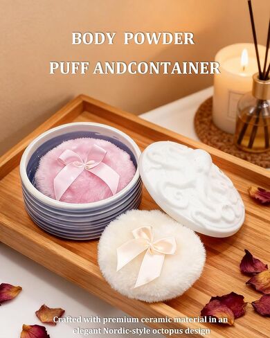 Large Body Powder Puff and Container - 4.4'' Ceramic Dusting Powder Container with 2 Soft Washable Reusable Velour Face Body Glitter Wet Dry Makeup (Blue) in Saudi Arabia