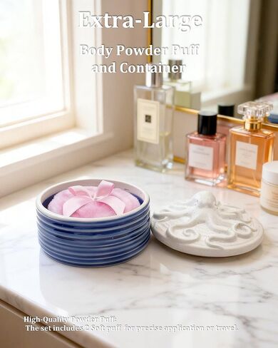 Large Body Powder Puff and Container - 4.4'' Ceramic Dusting Powder Container with 2 Soft Washable Reusable Velour Face Body Glitter Wet Dry Makeup (Blue) in Saudi Arabia