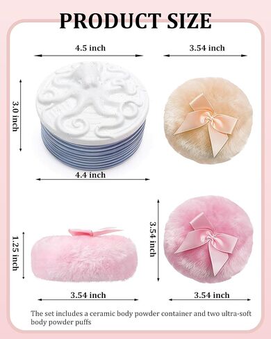 Large Body Powder Puff and Container - 4.4'' Ceramic Dusting Powder Container with 2 Soft Washable Reusable Velour Face Body Glitter Wet Dry Makeup (Blue) in Saudi Arabia