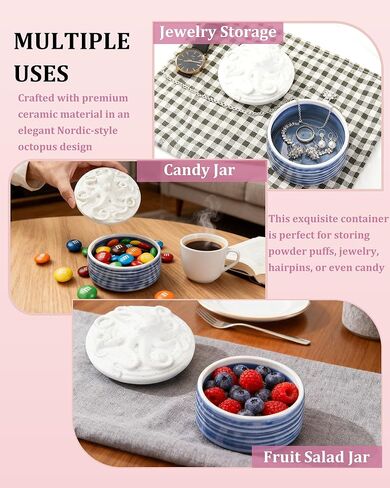 Large Body Powder Puff and Container - 4.4'' Ceramic Dusting Powder Container with 2 Soft Washable Reusable Velour Face Body Glitter Wet Dry Makeup (Blue) in Saudi Arabia