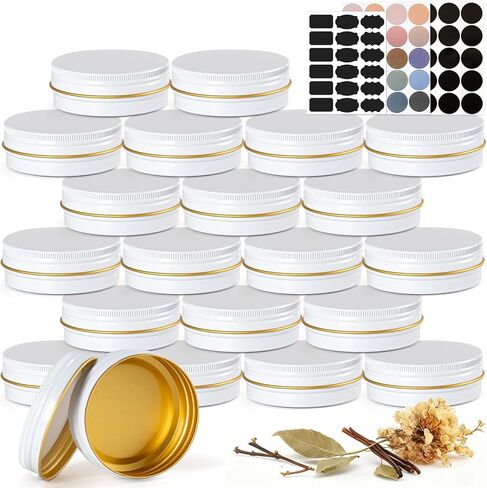 علب ألومنيوم سعة 2 أونصة مع أغطية (48 عبوة)، علب مرهم فارغة مستديرة مع أغطية، حاويات معدنية للمرهم، بلسم محلي الصنع، ألواح لوشن DIY وتخزين السفر - قابلة لإعادة التدوير، متينة (أبيض وذهبي) in Kuwait