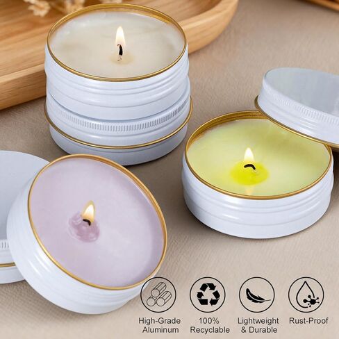 علب ألومنيوم سعة 2 أونصة مع أغطية (48 عبوة)، علب مرهم فارغة مستديرة مع أغطية، حاويات معدنية للمرهم، بلسم محلي الصنع، ألواح لوشن DIY وتخزين السفر - قابلة لإعادة التدوير، متينة (أبيض وذهبي) in Kuwait