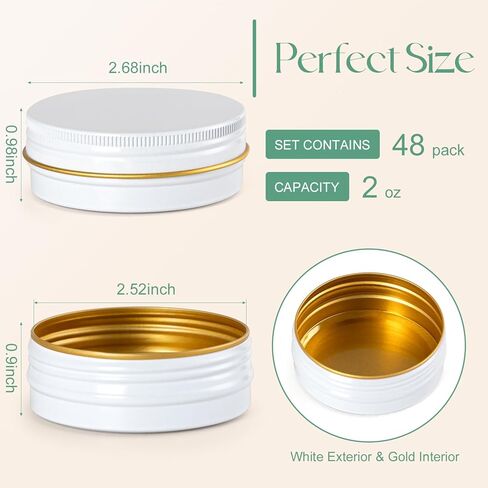 علب ألومنيوم سعة 2 أونصة مع أغطية (48 عبوة)، علب مرهم فارغة مستديرة مع أغطية، حاويات معدنية للمرهم، بلسم محلي الصنع، ألواح لوشن DIY وتخزين السفر - قابلة لإعادة التدوير، متينة (أبيض وذهبي) in Kuwait