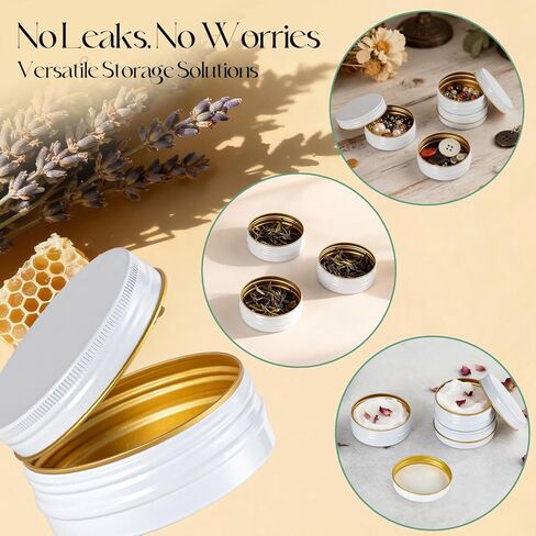 علب ألومنيوم سعة 2 أونصة مع أغطية (48 عبوة)، علب مرهم فارغة مستديرة مع أغطية، حاويات معدنية للمرهم، بلسم محلي الصنع، ألواح لوشن DIY وتخزين السفر - قابلة لإعادة التدوير، متينة (أبيض وذهبي) in Kuwait