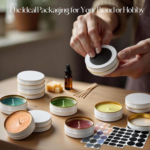 علب ألومنيوم سعة 2 أونصة مع أغطية (48 عبوة)، علب مرهم فارغة مستديرة مع أغطية، حاويات معدنية للمرهم، بلسم محلي الصنع، ألواح لوشن DIY وتخزين السفر - قابلة لإعادة التدوير، متينة (أبيض وذهبي) in Kuwait