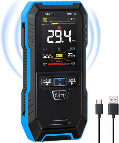 FNIRSI WMT-10 مقياس رطوبة الخشب القابل لإعادة الشحن، مقياس رطوبة بدون دبوس للخشب والحطب والجدار، يدعم الاحتفاظ بالبيانات وتسجيلها، مصباح يدوي، كاشف الرطوبة لبناء الخرسانة الخشبية in Kuwait