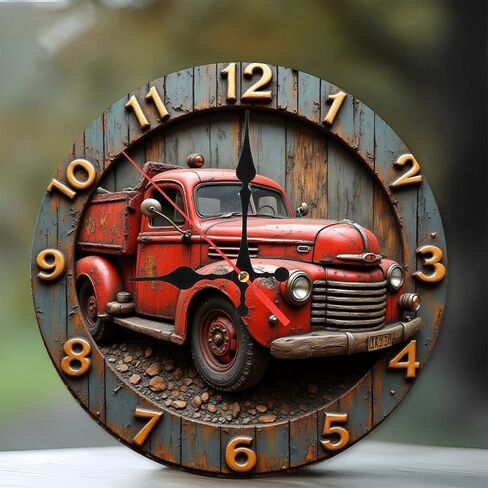 ساعة حائط على شكل شاحنة حمراء عتيقة لديكور المنزل، ساعة حائط خشبية مقاس 10 بوصة، حركة صامتة، تعمل بالبطارية (بطاريات AA غير متضمنة)، ديكور منزلي فني، مثالية لهجات المنزل in Kuwait