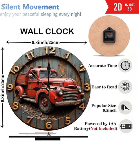 ساعة حائط على شكل شاحنة حمراء عتيقة لديكور المنزل، ساعة حائط خشبية مقاس 10 بوصة، حركة صامتة، تعمل بالبطارية (بطاريات AA غير متضمنة)، ديكور منزلي فني، مثالية لهجات المنزل in Kuwait