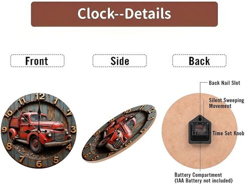 ساعة حائط على شكل شاحنة حمراء عتيقة لديكور المنزل، ساعة حائط خشبية مقاس 10 بوصة، حركة صامتة، تعمل بالبطارية (بطاريات AA غير متضمنة)، ديكور منزلي فني، مثالية لهجات المنزل in Kuwait