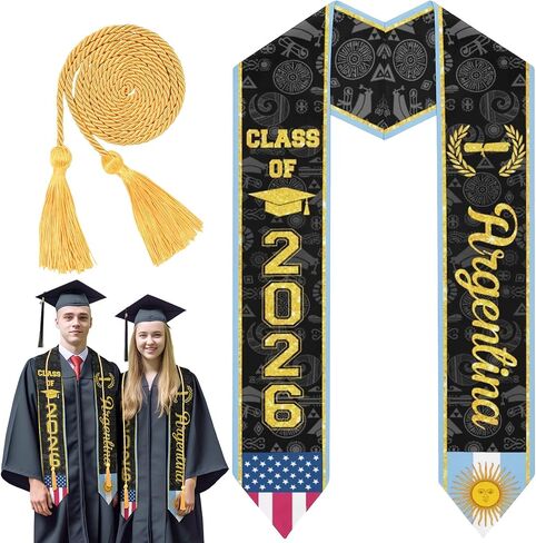 Class of 2026 Country Flag Graduation Stole Sash with Golden Honor Rope for Study Abroad International in Kuwait