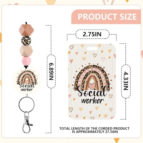 Social Worker Lanyards for ID Badges - Social Work Badge Holder with Lanyard, Cute Boho Rainbow Leopard ID Holder Beaded Breakaway Lanyards for Women ID Card Protector Cover Office Gifts in Saudi Arabia