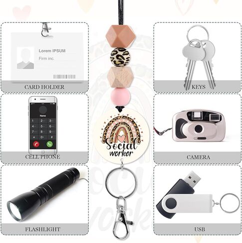 Social Worker Lanyards for ID Badges - Social Work Badge Holder with Lanyard, Cute Boho Rainbow Leopard ID Holder Beaded Breakaway Lanyards for Women ID Card Protector Cover Office Gifts in Saudi Arabia
