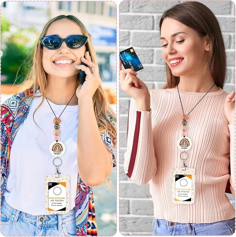 Social Worker Lanyards for ID Badges - Social Work Badge Holder with Lanyard, Cute Boho Rainbow Leopard ID Holder Beaded Breakaway Lanyards for Women ID Card Protector Cover Office Gifts in Saudi Arabia