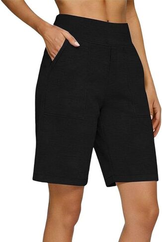 Linen Bermuda Shorts for Women with Pockets Pull On High Waist Knee Length Summer Cotton Linen Beach Vacation Casual in Saudi Arabia