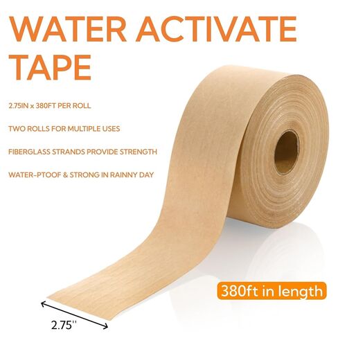 2 Roll Water Activated Gummed Kraft Paper Tape, 2.75in x 380ft Reinforced Brown Packing Tapes, Heavy Duty, Writable Tamper Evident Tape for Shipping, Moving, Sealing in Kuwait