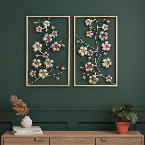 Set of 2 Metal Framed Wall Art - 3D Relief Vase and Flower Wall Decor, 7x17 Inch Wall Hanging Sculptures for Bedroom Bedroom or Entryway in Saudi Arabia