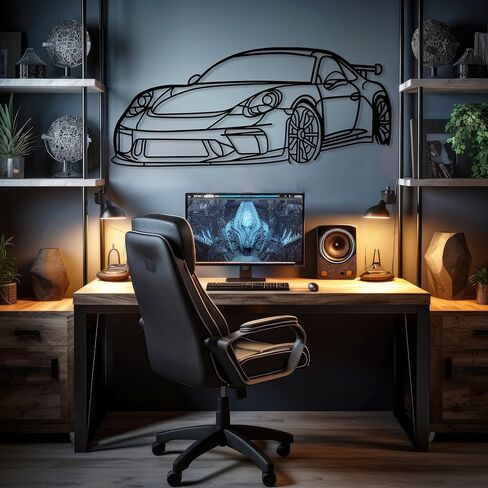 DecoSoul 911 GT3 Model 991 Front Angle Silhouette Metal Wall Art, Sports Car, Man Cave, Gift for Boyfriend and Car Lovers (Black - 20 x 5.5" / 50 x 14 cm) in Kuwait