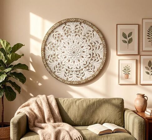 PARISLOFT Farmhouse Wood Round Cutout Floral Wall Decor, Bohemian Wall Sculpture, Carved Mandala Wall Art for Living Room, Bedroom, Entryway, 24.8'' in Kuwait