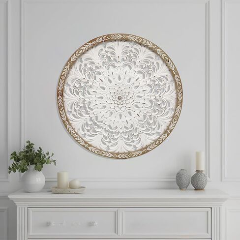 PARISLOFT Farmhouse Wood Round Cutout Floral Wall Decor, Bohemian Wall Sculpture, Carved Mandala Wall Art for Living Room, Bedroom, Entryway, 24.8'' in Kuwait