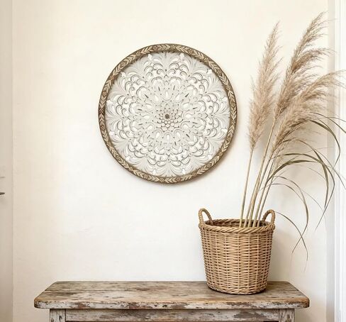 PARISLOFT Farmhouse Wood Round Cutout Floral Wall Decor, Bohemian Wall Sculpture, Carved Mandala Wall Art for Living Room, Bedroom, Entryway, 24.8'' in Kuwait