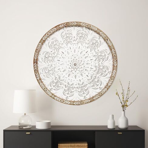 PARISLOFT Farmhouse Wood Round Cutout Floral Wall Decor, Bohemian Wall Sculpture, Carved Mandala Wall Art for Living Room, Bedroom, Entryway, 24.8'' in Kuwait