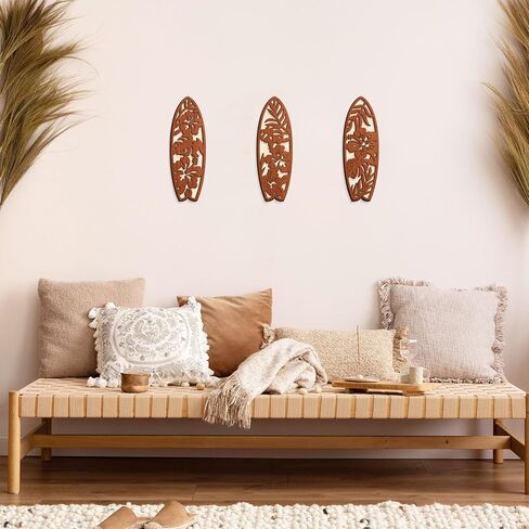 COLOR VALLEY ART 3 قطع ديكور لوح ركوب الأمواج من الكركديه لغرفة النوم، ديكور جدار الشاطئ الخشبي للصيف، لوح ركوب الأمواج الخشبي، لافتة معلقة لتزيين غرفة المعيشة الاستوائية، 4 بوصات طول × 12 عرض × 3 (بني) in Kuwait