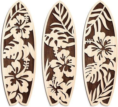 COLOR VALLEY ART 3 Pieces Hibiscus Surfboard Decor for Bedroom Wooden Beach Wall Decor Summer Wood Surfboard Wall Hanging Sign for Tropical Living Room Decoration, 4''Lx12W''*3 (Brown) in Kuwait