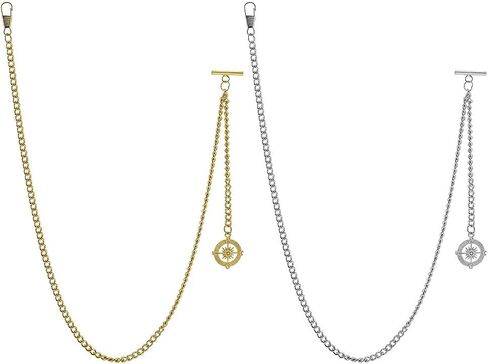 WEBEEDY 2 Pcs Gold Silver Single Albert Pocket Watch Chain Vintage Mens Albert Chain with Compass Pendant T Bar for Birthday Father's Day Wedding Costume Decoration Gift, 25.2 Inch Length in Saudi Arabia