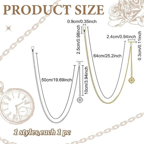WEBEEDY 2 Pcs Gold Silver Single Albert Pocket Watch Chain Vintage Mens Albert Chain with Compass Pendant T Bar for Birthday Father's Day Wedding Costume Decoration Gift, 25.2 Inch Length in Saudi Arabia