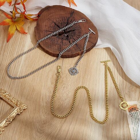 WEBEEDY 2 Pcs Gold Silver Single Albert Pocket Watch Chain Vintage Mens Albert Chain with Compass Pendant T Bar for Birthday Father's Day Wedding Costume Decoration Gift, 25.2 Inch Length in Saudi Arabia