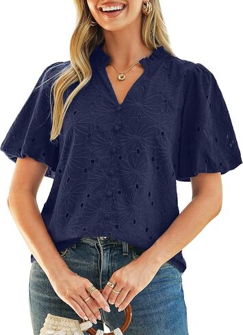 Simplee Womens Summer Tops Trendy Dressy Casual V Neck Puff Sleeve Eyelet Hollow Out Embroidered Lace Blouses Spring Fashion in Kuwait
