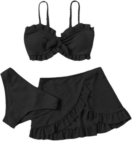SHENHE Girl's 3 Piece Cute High Waisted Ruffle Trim Swimsuit Bikini Sets with Beach Skirt in Kuwait