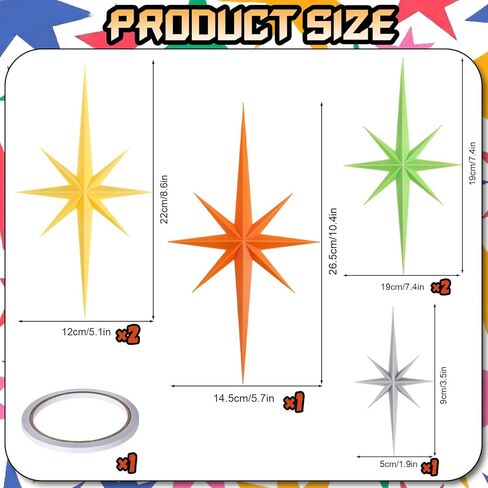 ديكور جداري حديث لمنتصف القرن، 6 قطع منحوتة جدارية فنية ثلاثية الأبعاد من طراز Starburst، 8 نجوم ذرية مدببة ديكور منزلي عتيق in Kuwait
