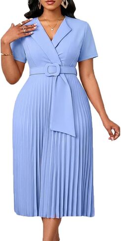 Elainone Women Pleated Dress Short Sleeve Semi Formal Business Casual Dress Wedding Guest Pleated Dresses in Kuwait