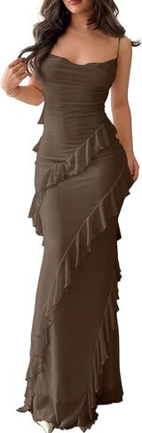 SKAYS Women's Ruffled Mesh Fitted Spaghetti Strap Dress Sexy Backless Long Cocktail Party Gown in Saudi Arabia