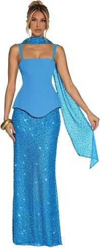 Sparkly Sequin Prom Dresses with Scarf Mermaid Evening Party Gown Spaghetti Straps Maxi Cocktail Gowns in Saudi Arabia