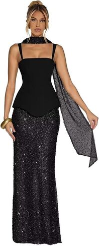 Sparkly Sequin Prom Dresses with Scarf Mermaid Evening Party Gown Spaghetti Straps Maxi Cocktail Gowns in Saudi Arabia