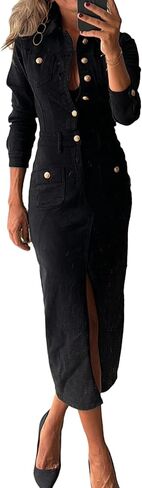 Conshvi Denim Dress for Women Trendy Long Sleeve Button Down Denim Maxi Dress 2025 Fall Bodycon Slit Long Jean Dresses in Kuwait