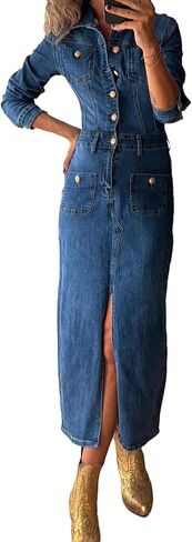 Conshvi Denim Dress for Women Trendy Long Sleeve Button Down Denim Maxi Dress 2025 Fall Bodycon Slit Long Jean Dresses in Saudi Arabia