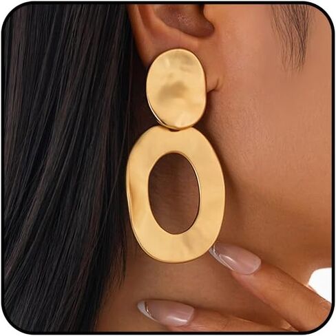 Chunky Golden Layered Statement Dangle Drop Earrings Exaggerated Geometric Elliptical Circle Earrings in Saudi Arabia
