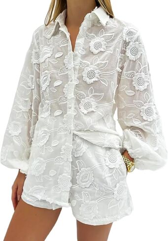 Womens Lace 2 Piece Outfits Long Sleeves Lapel Jacket Top Lace Up Mini Shorts Casual Going Out Sets in Kuwait