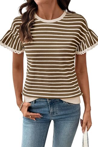 SHEWIN Women Summer Loose Fit Tops Trendy Rib Knit Stripe Shirt Business Dressy Casual 2026 in Saudi Arabia