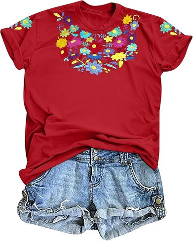 Mexican Shirts for Women Boho Embroidered Floral Shirt Fiesta T Shirt Casual Short Sleeve Tops in Saudi Arabia
