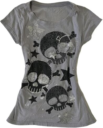 تي شيرت إيمو جرونج جرافيك قصير Y2K هاراجوكو هيكل عظمي مطبوع تي شيرت ستار بيبي تي شيرت للنساء ملابس الصيف القوطي البديل in Kuwait