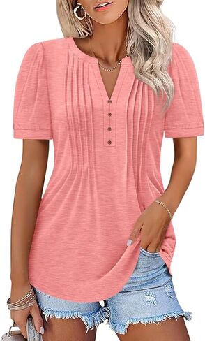 Women's Pleated V Neck T Shirts Puff Short Sleeve Tops Henley Business Casual Summer Blouses in Saudi Arabia