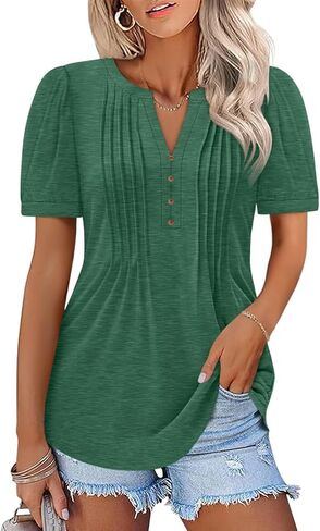 Women's Pleated V Neck T Shirts Puff Short Sleeve Tops Henley Business Casual Summer Blouses in Kuwait