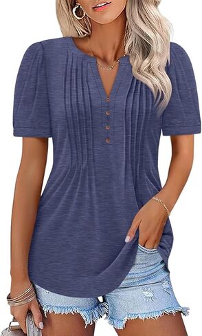 Women's Pleated V Neck T Shirts Puff Short Sleeve Tops Henley Business Casual Summer Blouses in Saudi Arabia