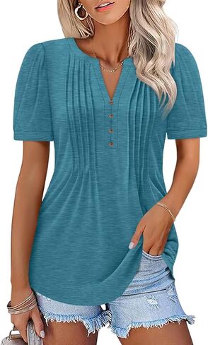 Women's Pleated V Neck T Shirts Puff Short Sleeve Tops Henley Business Casual Summer Blouses in Saudi Arabia